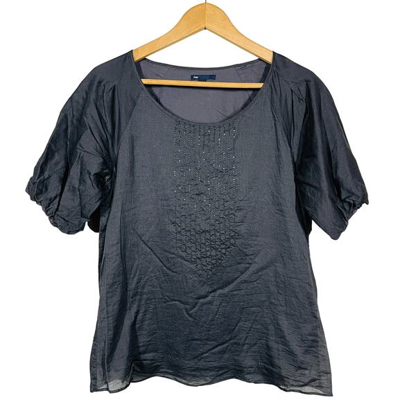 Gap Scoop Neck Tunic Beaded Front Poof Sleeve Casual Top Blouse Charcoal - S - Picture 1 of 5